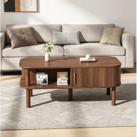 Mesa de centro 110x55x45 cm nogal MDF con puerta corredera estriada y almacenaje (1/5)