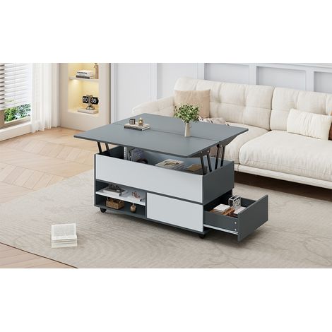 Table basse 100 x 98 x 65 cm, table de salon relevable avec rangement dissimulé et étagère, meuble de salon avec roulettes et tiroirs, table à manger multifonction à grand espace de rangement, assembl (1/5)