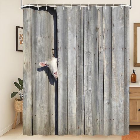 Rideau de Douche Rustique Ferme Rideau de Salle de Bain Animalier Porte Rustique en Bois Mignon Mouton dans Un Chalet Rustique en Bois Ferme Rideau de Baignoire Lavable 180x240cm (1/5)