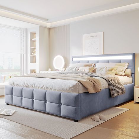 Letto matrimoniale 180x200 cm, illuminazione LED, rete a doghe, letto idraulico, tessuto di velluto, grigio (1/5)