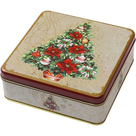Boîte À Biscuits De Noël - Boîte Métallique Carrée Avec Couvercle - Motif Arbre De Noël - Pour Bonbons Et Gâteaux - 17,3 x 17,3 x 6 cm - 1 Pièce (1/5)