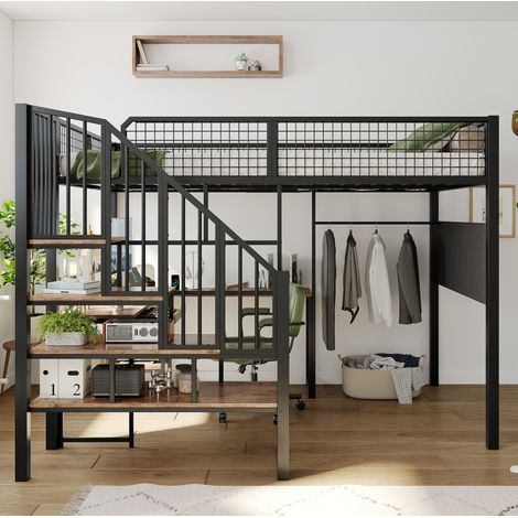 Lit mezzanine 140x200 cm adulte avec bureau d’angle, escalier et port de charge, métal noir bois vintage (1/5)