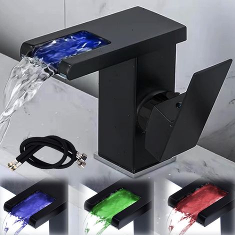 Robinet Salle de Bain Design Moderne de Cascade Robinet Lavabo Noir LED Durable Eau Chaude et Froide Réglable (1/5)