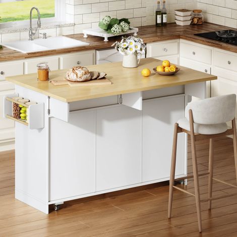 Isla de cocina 120x45(70)x92 cm con encimera abatible, almacenamiento y ruedas, MDF blanco natural (1/5)