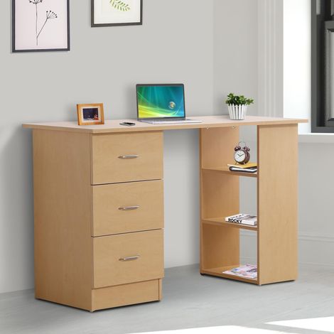 Schreibtisch mit Stauraum, Computertisch 120 x 50 cm, Computertisch mit Regalen und Schubladen, für kleine Räume, Schlafzimmer, helle Holzoptik