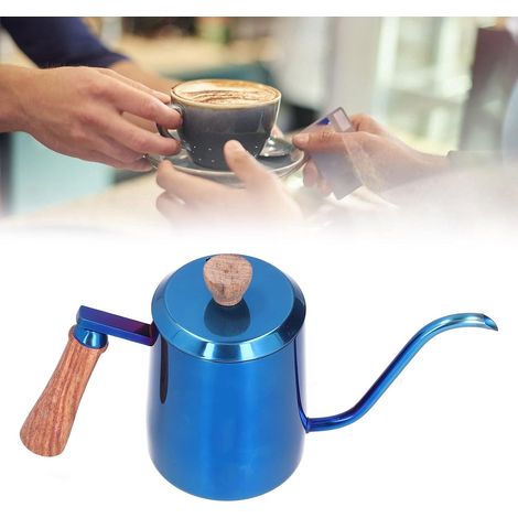 Cafetière, bouilloire à col de cygne, bouilloire à café en acier inoxydable 600 ml, cafetière manuelle à bec étroit versez sur la bouilloire avec poignée en bois(bleu) (1/5)