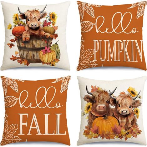 Fundas de cojín de otoño de 45x45 cm, juego de 4, estampado de vaca de las Tierras Altas, decoración otoñal para el hogar y exteriores. (1/5)