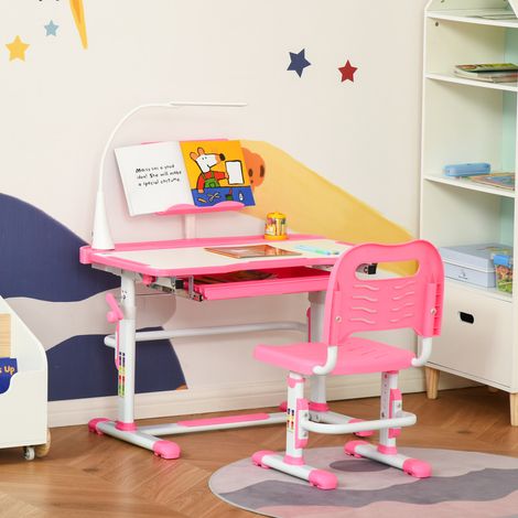 Ensemble bureau enfant 6-12 ans avec chaise ajustable, tiroir, lampe et plateau inclinable, rose (1/5)