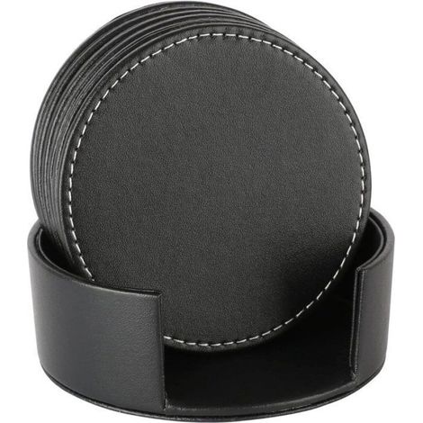 Dessous De Verre - Cuir Pu Double Couche - Rond Avec Support - Pour Protection Meubles - Lot De 6 (1/5)