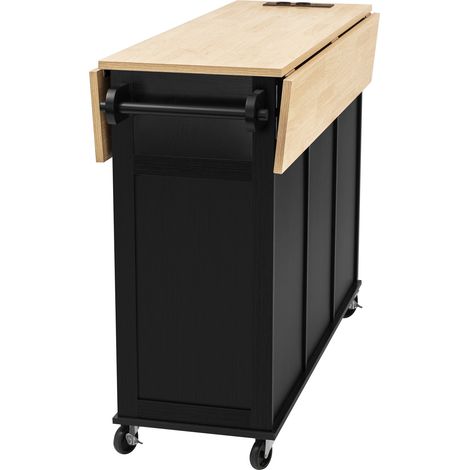 Îlot de cuisine mobile avec roulettes, table extensible, tiroirs et porte-serviettes, équipé de prises électriques, noir (1/5)