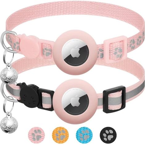 Lot de 2 colliers pour Apple AirTag pour chat avec clochette, collier réfléchissant pour chat avec support Airtag, réglable de 17,8 à 30,5 cm, avec boucle de sécurité -(Rose)