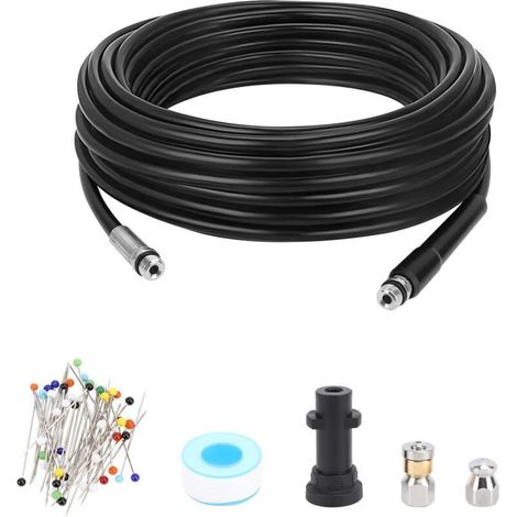 Flexible de nettoyage de tuyaux, 15m, 180 bar, buses fixes + rotatives, compatible avec les nettoyeurs haute pression Kärcher K2, K3, K4, K5, K6, K7 (1/4)