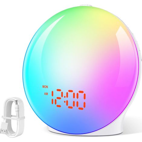 Lampe Radio Reveil Simulateur d'Aube sur Lampe de Chevet LED 2 Réveils 7 Types de Lumières Couleur,7 Sons Naturels Fonction Snooze,20 Luminosités,Pour Veilleuse Enfant (1/5)