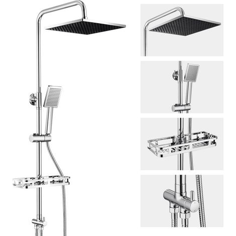 AURALUM MAX 2-Funktionen Edelstahl Duschsystem mit Handbrause, quadratischer Kopfbrause, Regal und Höhenverstellbar Duschstange, Chrom