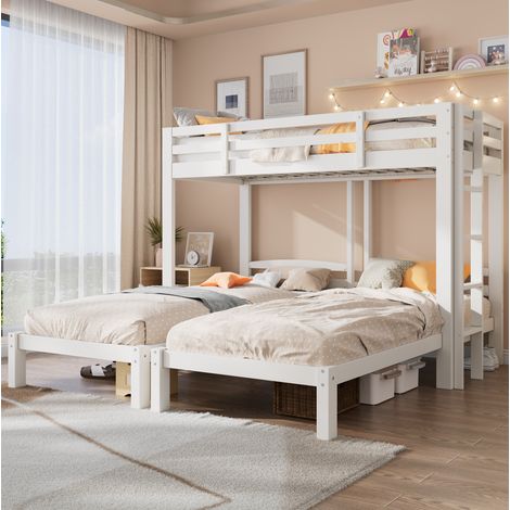 Litera triple de madera maciza blanca 90x200 cm con escalera lateral reversible (1/5)