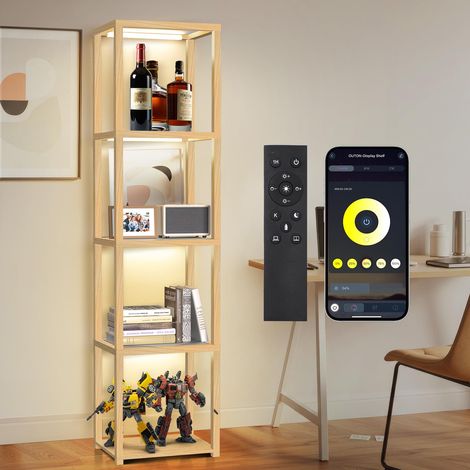 170 cm Vitrine en Verre, Éclairage, Étagère Ouverte, Bois Lampadaire LED à Intensité Réglable, Télécommande et Application, Objets de Collection, Salon, Chambre (1/5)