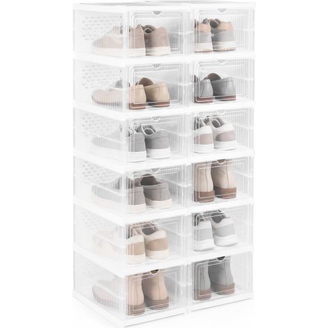 Lot de 2 Organisateurs à Chaussures à 6 Niveaux, Boîtes de Rangement Pliables en Plastique avec Porte Avant à Rabat, Étagère à Chaussures (1/5)