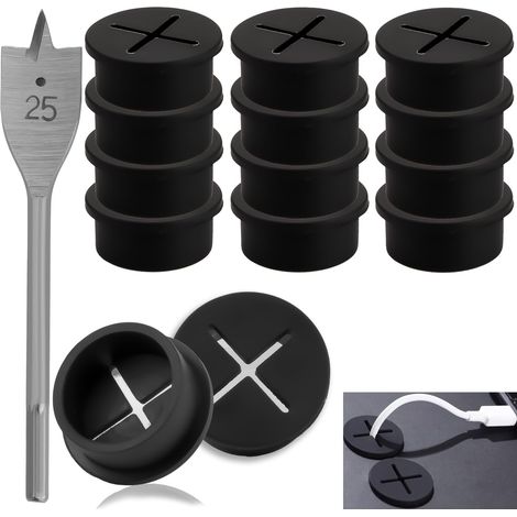 Lot de 12 passages de câbles de 25 mm - Passe-câbles en silicone flexible - Avec 1 foret - Pour bureau, école, maison - Noir (1/5)