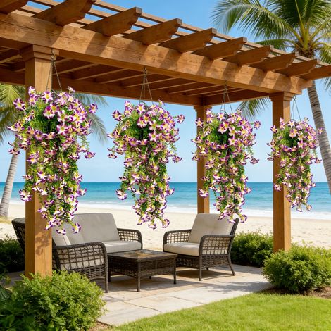 4 Pétunias Artificiels Extérieurs – Violet, Plantes Retombantes, Résistants aux UV, Terrasse et Jardin