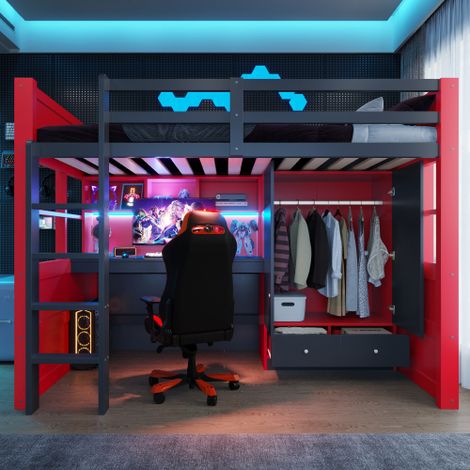 Letto a soppalco 90 x 200 cm, con scaletta, vano contenitore e tavolo, con armadio e cassetti, letto per bambini, letto per ragazzi, letto singolo in stile gaming, rosso-nero (1/5)