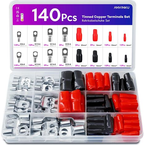 Lot de 140 cosses de câble tubulaire 25 mm² 16 mm² 10 mm² 6 mm² - Pour câble de batterie de voiture - Lot de 70 cosses tubulaires + 70 manchons - Cosses de câble pour voiture, moto, bateaux (1/5)