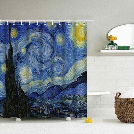 Rideau De Douche Nuit Étoilée Van Gogh 71x72 Pouces Tissu Long Avec Crochets Décoratif Salle De Bain Bleu (1/4)