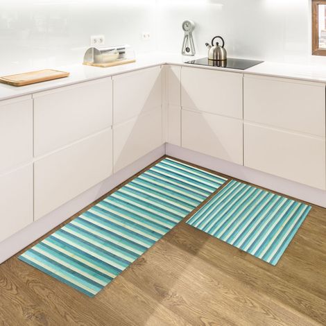Set di 2 tappeti da cucina antiscivolo in vero bamboo naturale passatoia cucina,ingresso,camera Blu