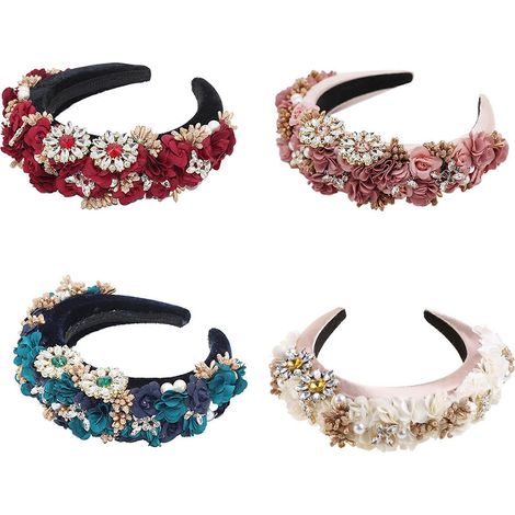 Bandeau baroque exquis orné de bijoux pour femme, avec fleurs aux couleurs douces, strass et perles, rembourré en éponge épaisse, blanc. (1/4)
