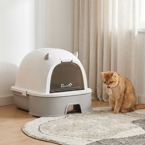 Bac à litière en acier inoxydable avec couvercle amovible, pelle et filtre à charbon actif pour chats de petite et moyenne taille, gris (1/5)