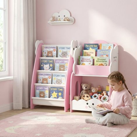 Étagère enfant 3 en 1 avec rangement pour jouets, bibliothèque modulable avec 4 poches et 3 étagères et table de chevet, rose (1/5)