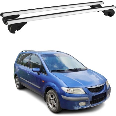 OMAC Barres de toit en aluminium pour Mazda Premacy I 1999-2004 – TÜV / DIN 75302:2019 – Antivol inclus – Charge max 75 kg – 2 barres Argent (1/4)
