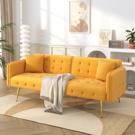 Sofá cama de 2 plazas en terciopelo amarillo, cama 215 x 81,5 cm, respaldo reclinable HAVRYA (1/5)
