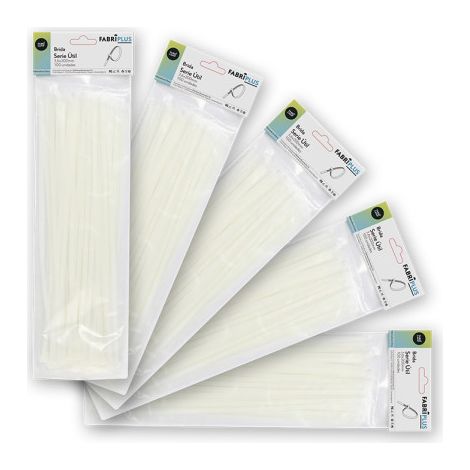Sacchetto da 100 fascette bianche 3,6x200 mm. 100% nylon 66 resistente e durevole.