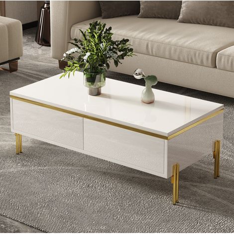 Couchtisch 100x50x36 cm Weiß, 2 versteckte Schubladen, Holzspanplatten und Metall MEUBLIV (1/5)