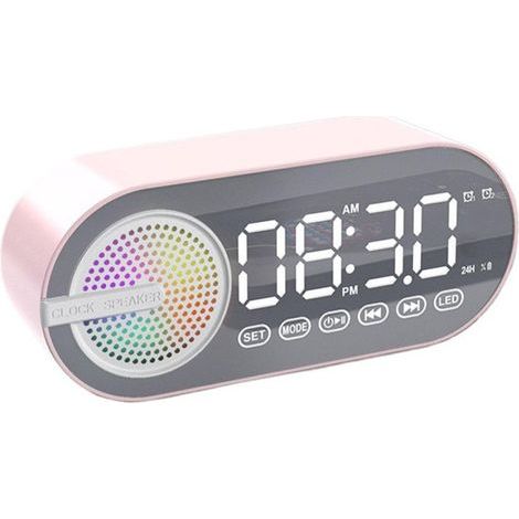 Wecker mit kabellosem Bluetooth-Lautsprecher – RGB – USB – LED-Spiegel – Digitaluhr – Pink