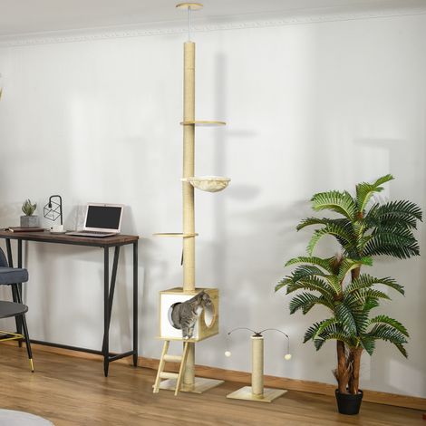 PawHut Arbre à Chat du Sol au Plafond 225-285cm - Hauteur Réglable, 4 Niveaux, Niche, Hamac, Échelle, Beige