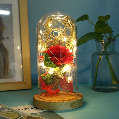 LED-Lampe mit Holzsockel, Glasabdeckung und Rosenmotiv aus Kunststoff, warmweißes LED-Nachtlicht, ideal als Geschenk zum Geburtstag oder Valentinstag. (1/5)