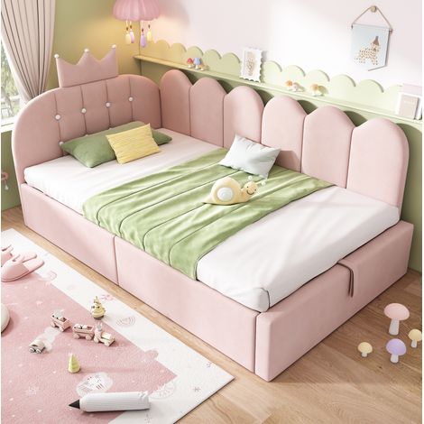 Letto da giorno 90x200 cm rosa in velluto con contenitore idraulico e testiera a corona (1/5)