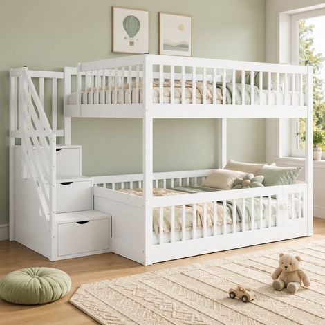 CHICFURN Litera infantil 140x200 cm blanca de madera con escalera y almacenaje, sin colchón (1/5)
