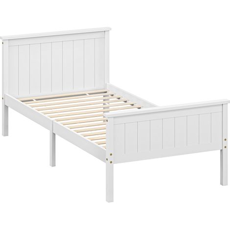 Beyamis Bettgestell 100 x 210 cm, Einzelbett aus Massivholz mit Lattenrost an Kopf- und Fußende, einfach zu montieren, weiß