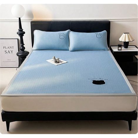 Drap de lit en soie glacée bleue, broderie, doux, lavable en machine, 1 drap et 2 taies d'oreiller, 180 x 200cm (1/3)
