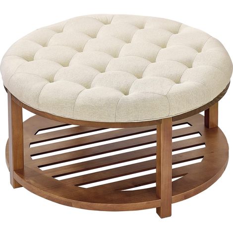 Grande Table Basse Ronde capitonnée en Lin, 810 mm, Repose-Pieds rembourré avec étagère de Rangement en Bois Massif, capacité de Poids 158,76 kg, pour Chambre à Coucher, Salon, Couleur Lin (1/5)