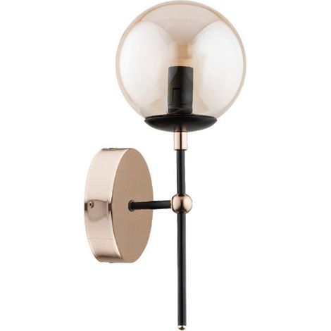 Alfa TANOS Modern Wall Sconce Light, Matte Black Metal with Amber Glass Globe, 1x E14 Max 10W, Dimmable Indoor IP20 Wall Lamp for Bedroom Living Room Hallway, 38cm