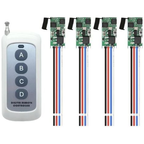 Interrupteur sans fil miniature 12 V, interrupteur unidirectionnel sans fil à 4 canaux (quatre modules + une télécommande) (1/5)
