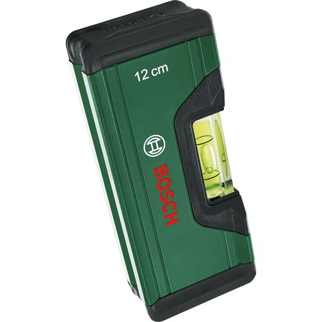 Bosch Nivel de burbuja de 12 cm (nivel de burbuja compacto nivelado preciso con burbuja fluorescente para la lectura horizontal cuerpo de aluminio, protectores de agarre suave ranura en V)