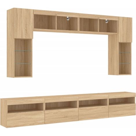 Conjunto de muebles mueble aparador TV televisión salón dormitorio salón pared x 8 piezas y luces LED roble sonoma marrón 020025378