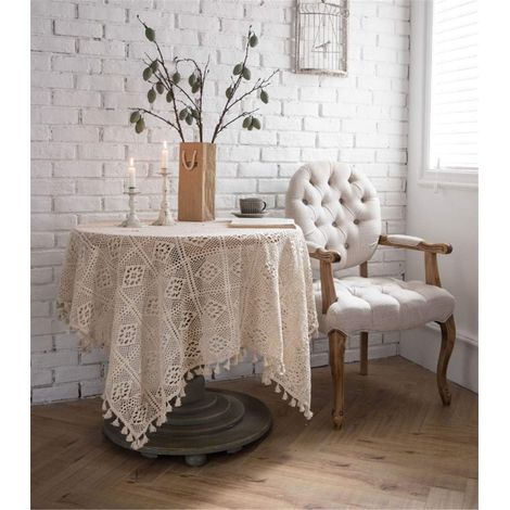 Serviette de table ronde en coton crocheté, nappe anti-poussière, accessoire de photographie à pompons pour la cuisine (beige)