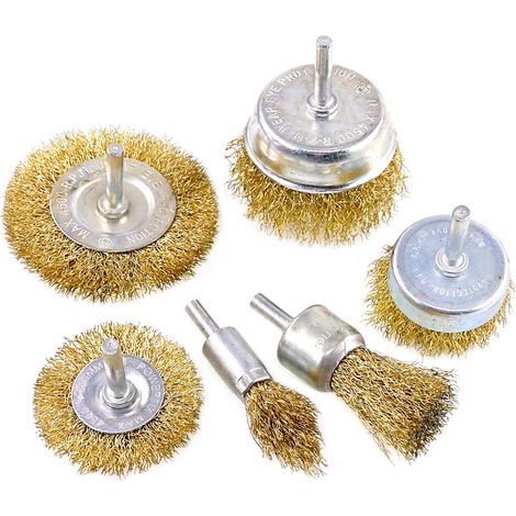Lot de 6 brosses métalliques avec revêtement en laiton avec tige de 6,35 cm, 6 tailles pour perceuse à fil revêtu Idéal pour enlever la rouille/la corrosion/la peinture (1/5)