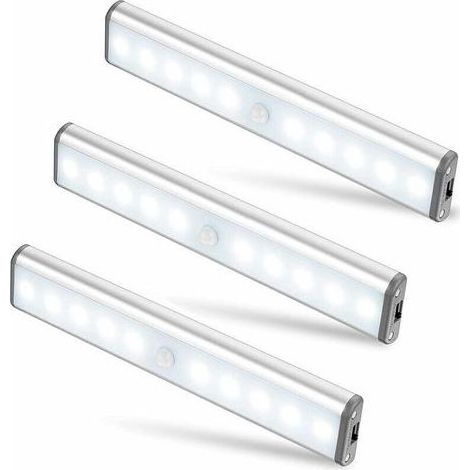 Lot de 3 Lampes 10 LED, Sans Fil, Rechargeable par USB, Aimanté, Détecteur de Mouvement, 2 Modes d’éclairage, Portable. Lumière de Placard, Baladeuse de Secours, Veilleuse Enfant, Appoint … [Classe én (1/5)