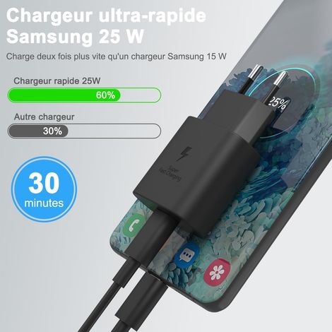 Port 25W USB C Chargeur Rapide avec Câble Type C Compatible avec Samsung S25 S24 S23 S22 S21 S21 Ultra 5g S20 Ultra S20 A16 A26 A36 A56 5G A71 A52 A51 A32 A31 Chargeur Secteur